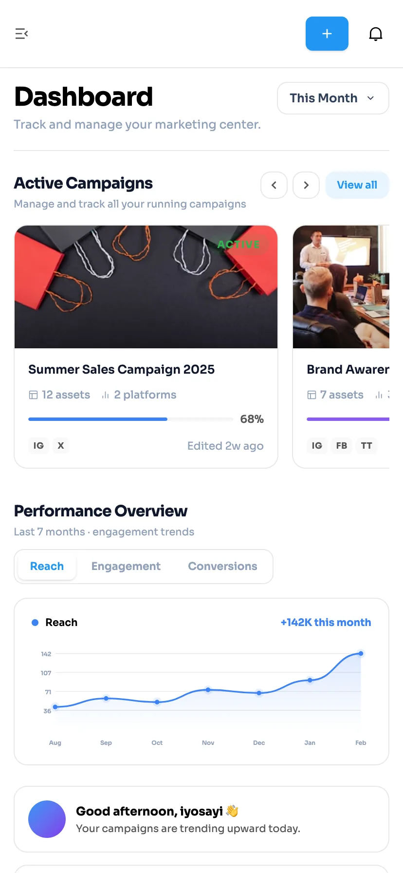 MarkTRAQ mobile dashboard with active campaigns and a reach chart
